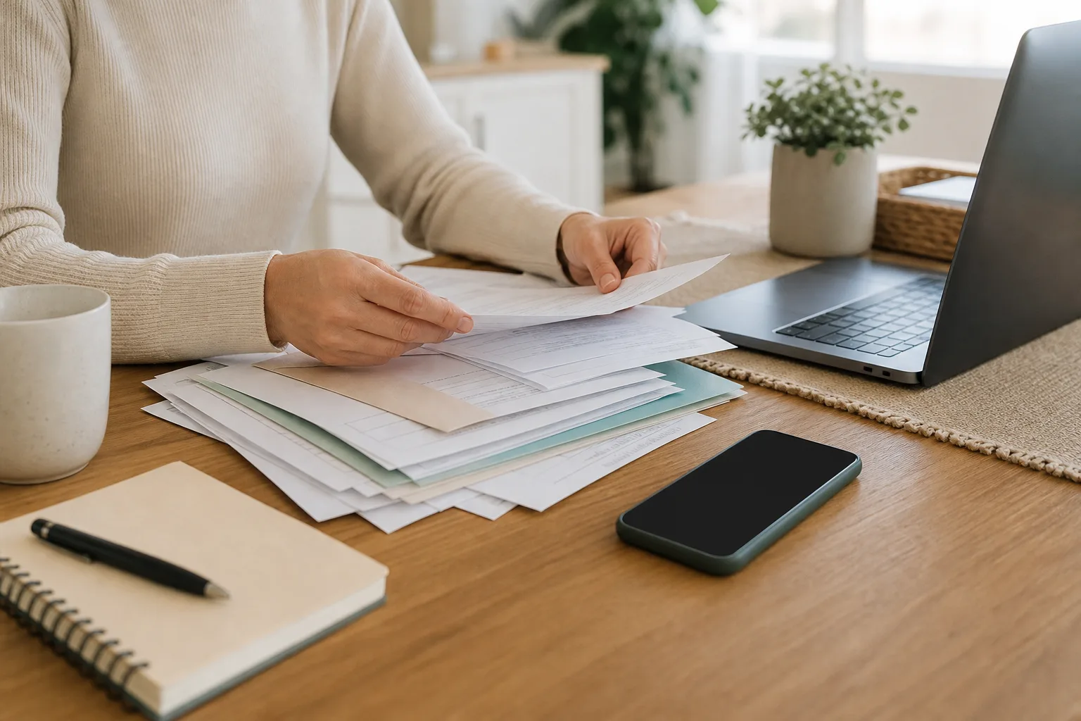 Household paperwork being organized beside a phone and laptop