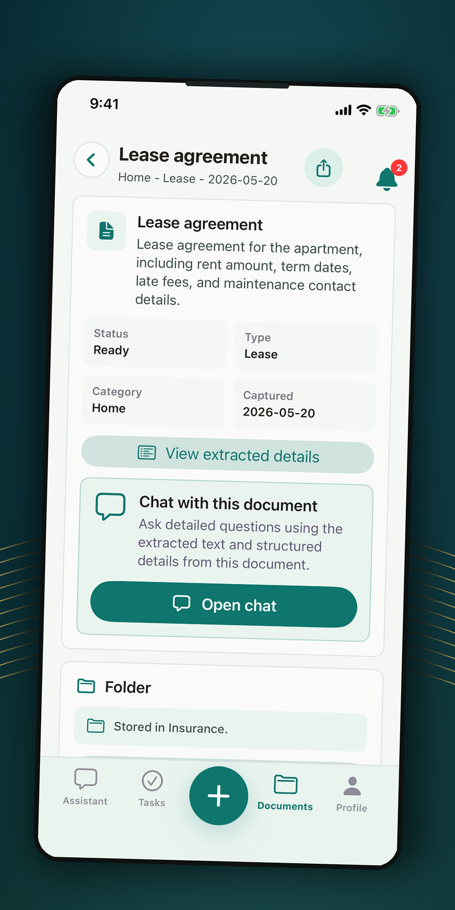Adrina approved lease document screen showing Ready status, extracted details, and document chat.